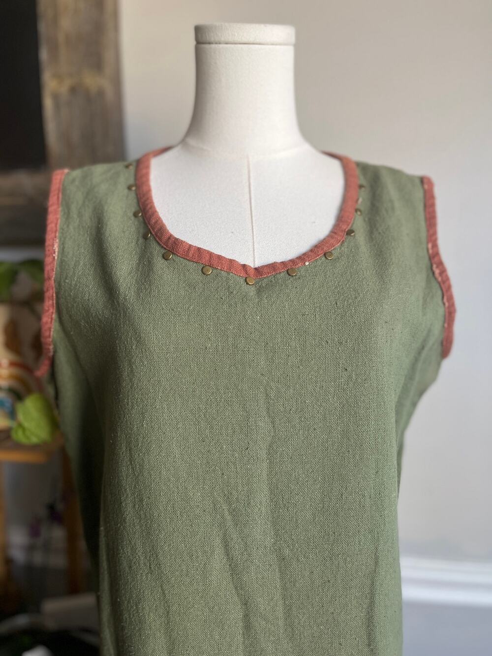 Vintage 90s Cotton Maxi Dress Olive Green Brown Sleeveless Lagenlook Size XL